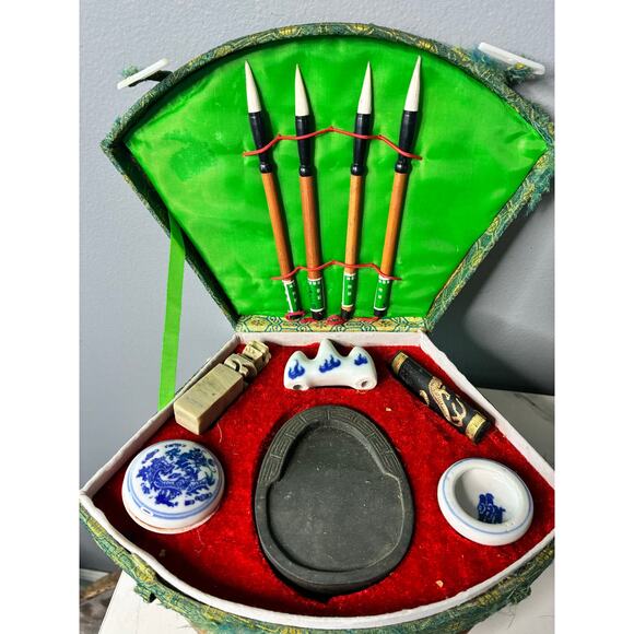 Vintage Chinese Calligraphy Writing Set in Brocade Case - Picture 6 of 11